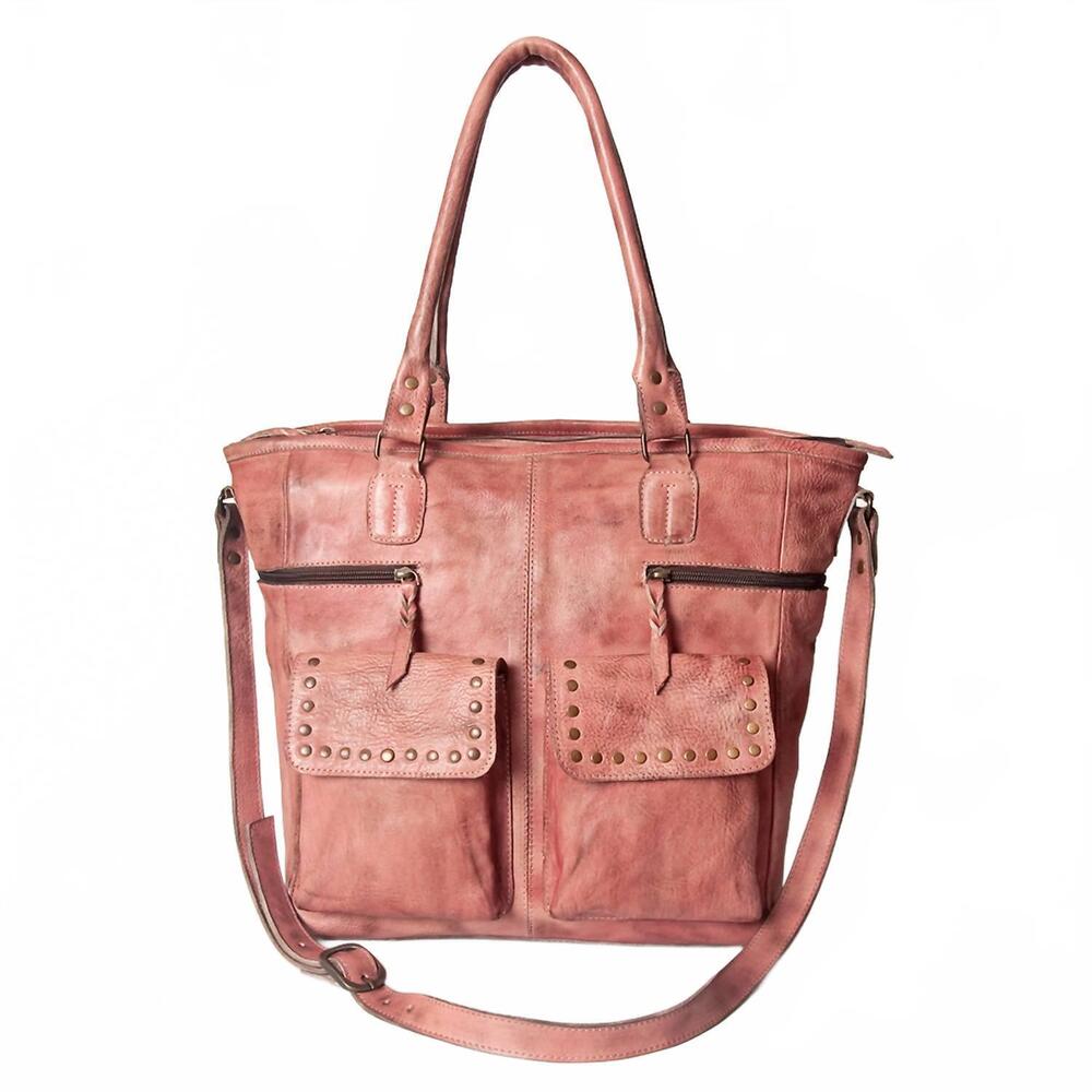 NEW NEVER MIND women's premium authentic full grain leather tote bag in dusty ro